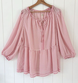 Max Studio Polka Dot Peasant Blouse 2X Cream Red Tie Split Neck Balloon Sleeves